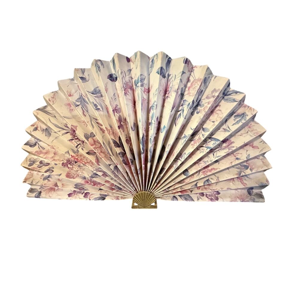 Vintage Decorative Floral Paper Fan Tabletop Brass Base Multicolor